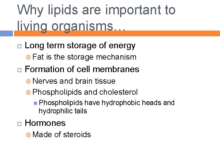 Why lipids are important to living organisms… Long term storage of energy Fat is