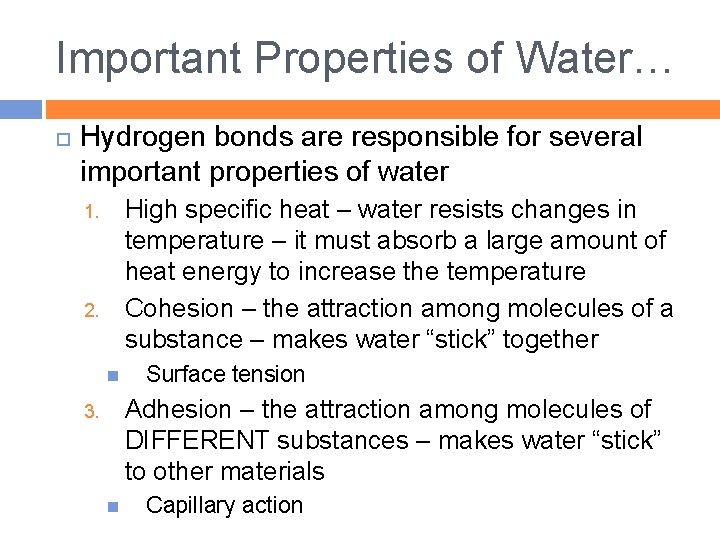 Important Properties of Water… Hydrogen bonds are responsible for several important properties of water