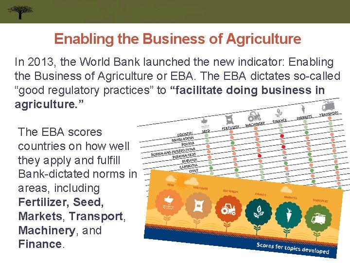 Enabling the Business of Agriculture In 2013, the World Bank launched the new indicator: