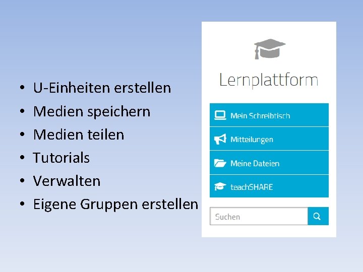  • • • U-Einheiten erstellen Medien speichern Medien teilen Tutorials Verwalten Eigene Gruppen