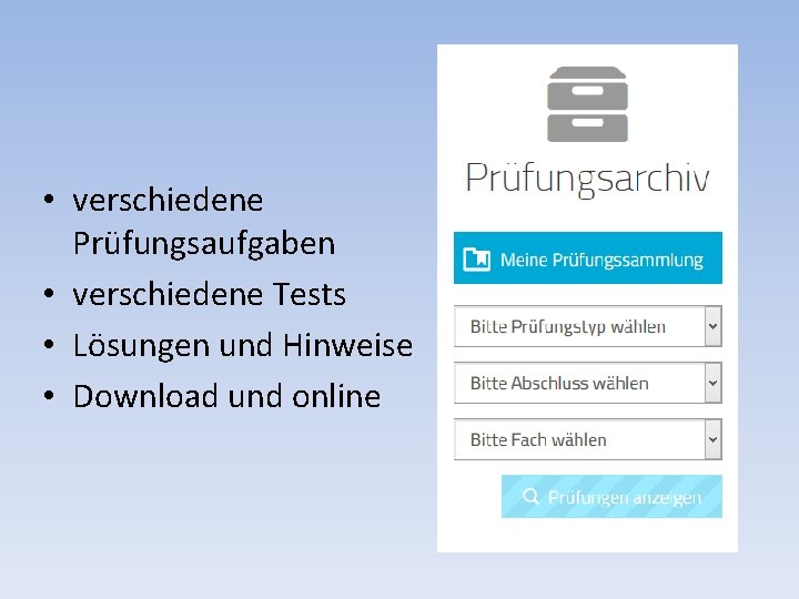  • verschiedene Prüfungsaufgaben • verschiedene Tests • Lösungen und Hinweise • Download und