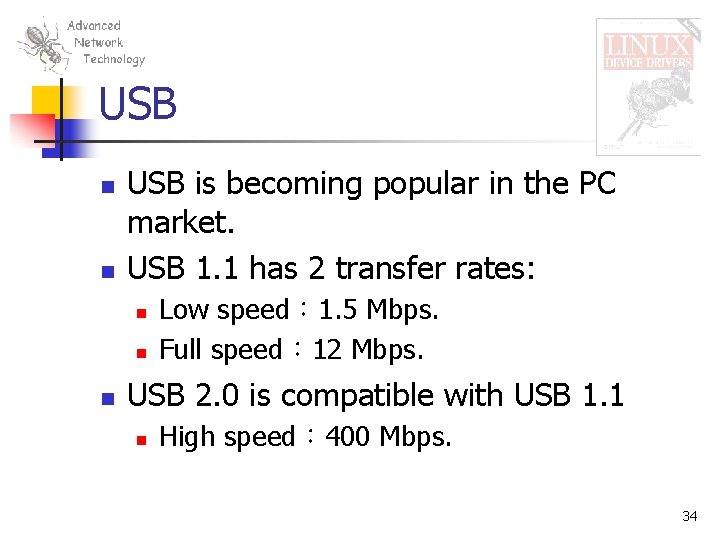 USB n n USB is becoming popular in the PC market. USB 1. 1