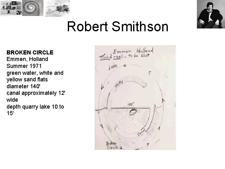 Robert Smithson BROKEN CIRCLE Emmen, Holland Summer 1971 green water, white and yellow sand