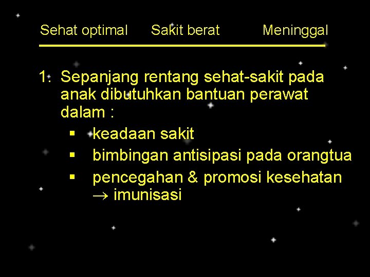 Sehat optimal Sakit berat Meninggal 1. Sepanjang rentang sehat-sakit pada anak dibutuhkan bantuan perawat