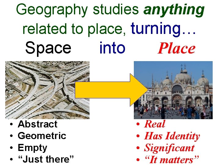 Geography studies anything related to place, turning… Space • • Abstract Geometric Empty “Just