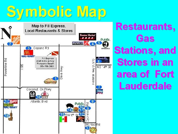 Symbolic Map N Restaurants, Gas Stations, and Stores in an area of Fort Lauderdale