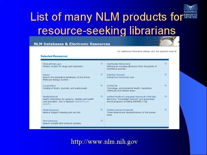 List of many NLM products for resource-seeking librarians http: //www. nlm. nih. gov 