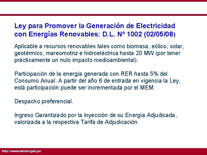 Ley para Promover la Generación de Electricidad con Energías Renovables: D. L. Nº 1002