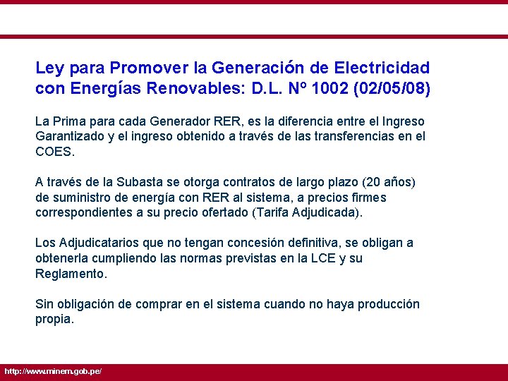 Ley para Promover la Generación de Electricidad con Energías Renovables: D. L. Nº 1002