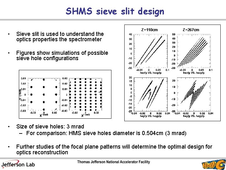 SHMS sieve slit design Z=110 cm Z=267 cm • Sieve slit is used to