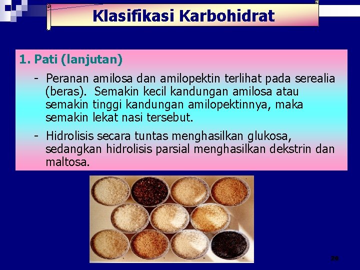 Klasifikasi Karbohidrat 1. Pati (lanjutan) - Peranan amilosa dan amilopektin terlihat pada serealia (beras). Klasifikasi Karbohidrat 1. Pati (lanjutan) - Peranan amilosa dan amilopektin terlihat pada serealia (beras).