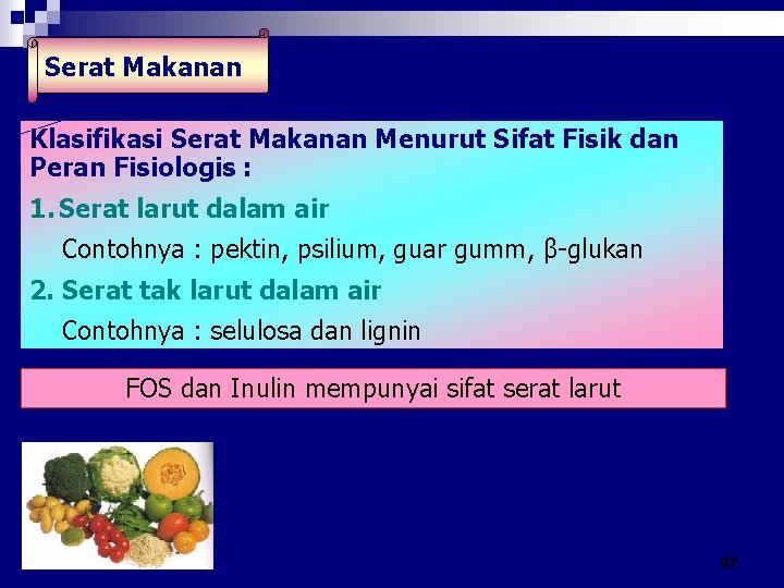 Serat Makanan Klasifikasi Serat Makanan Menurut Sifat Fisik dan Peran Fisiologis : 1. Serat Serat Makanan Klasifikasi Serat Makanan Menurut Sifat Fisik dan Peran Fisiologis : 1. Serat
