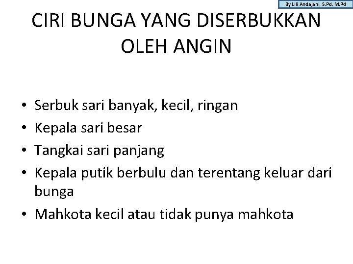 By Lili Andajani, S. Pd, M. Pd CIRI BUNGA YANG DISERBUKKAN OLEH ANGIN Serbuk