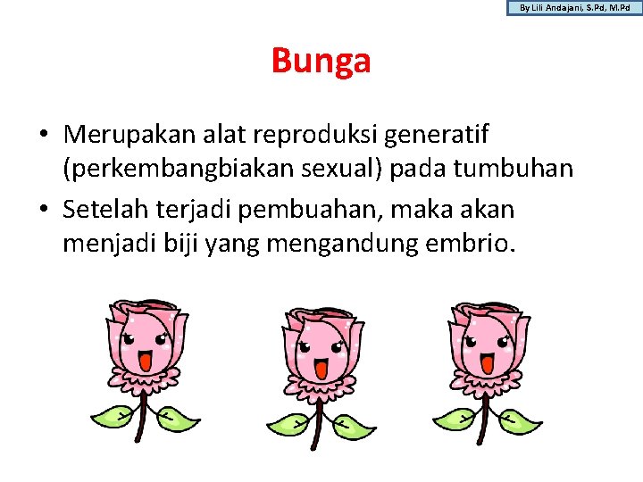 By Lili Andajani, S. Pd, M. Pd Bunga • Merupakan alat reproduksi generatif (perkembangbiakan