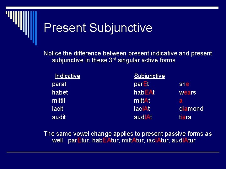 Present Subjunctive Notice the difference between present indicative and present subjunctive in these 3