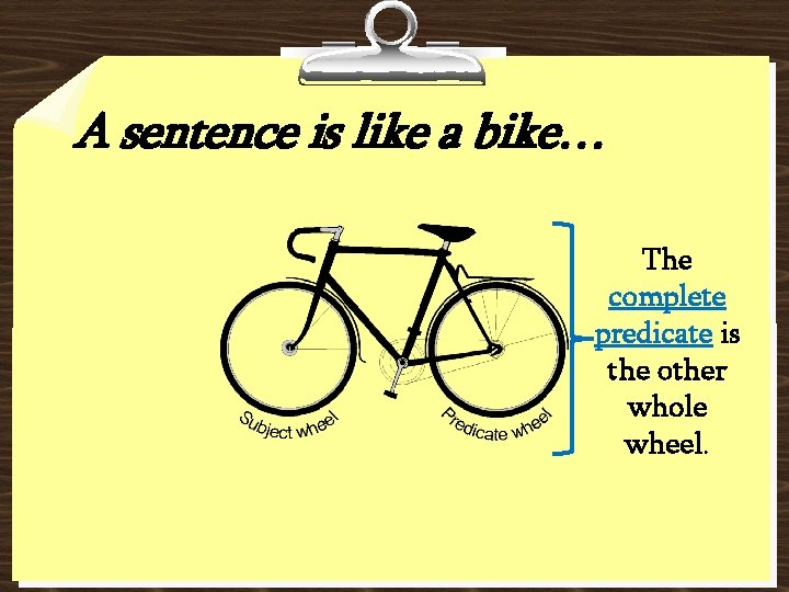 A sentence is like a bike… The complete predicate is the other whole wheel. A sentence is like a bike… The complete predicate is the other whole wheel.