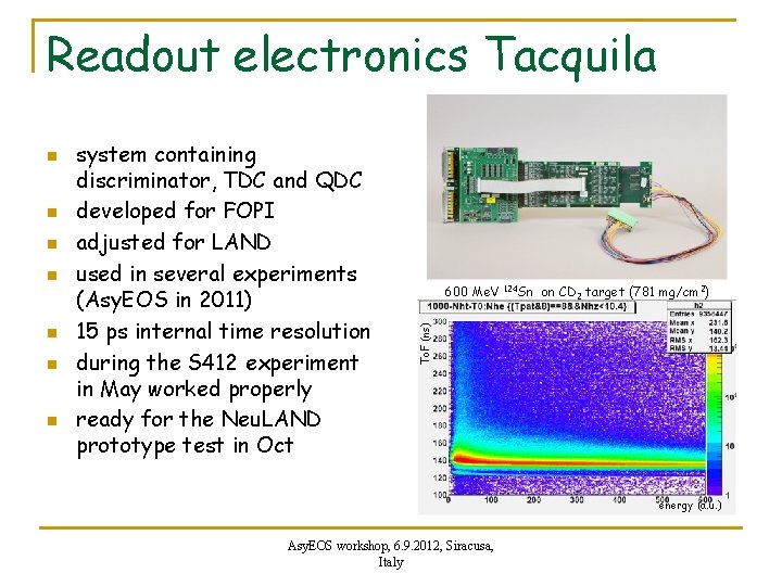 Readout electronics Tacquila n n n system containing discriminator, TDC and QDC developed for