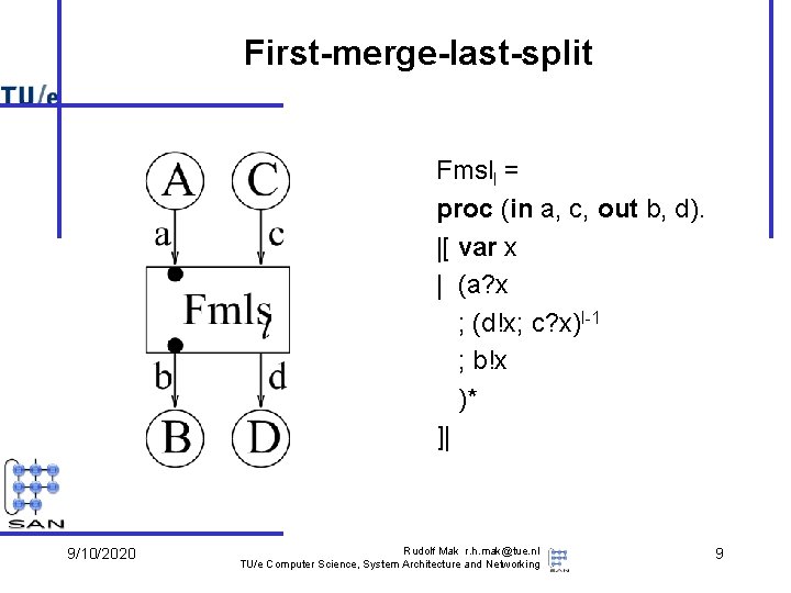 First-merge-last-split Fmsll = proc (in a, c, out b, d). |[ var x |