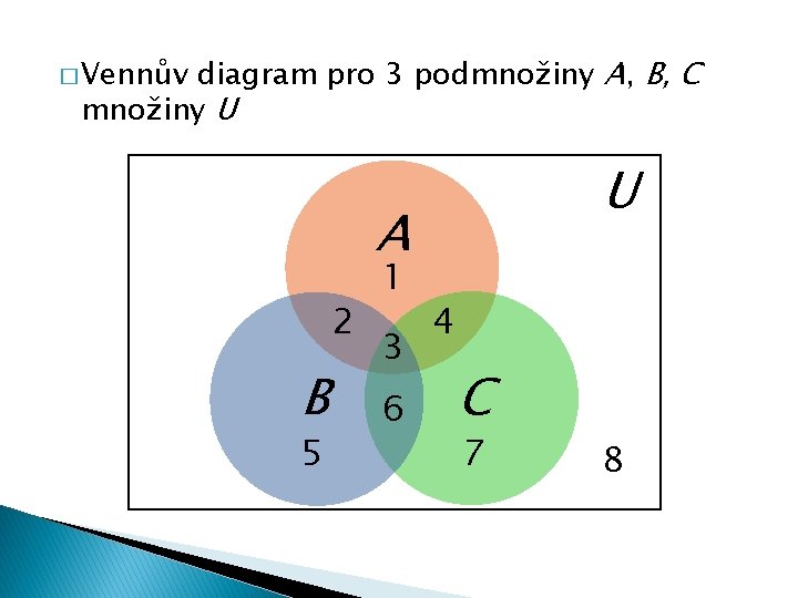 diagram pro 3 podmnožiny A, B, C množiny U � Vennův U A 2
