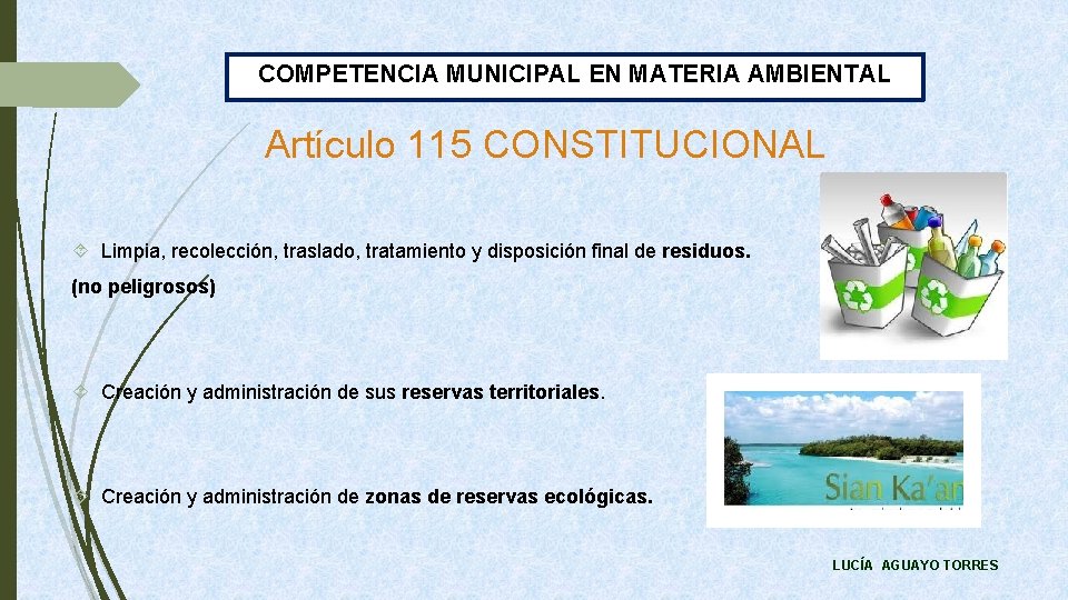 COMPETENCIA MUNICIPAL EN MATERIA AMBIENTAL Artículo 115 CONSTITUCIONAL Limpia, recolección, traslado, tratamiento y disposición