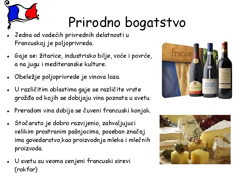 Prirodno bogatstvo Jedna od vodećih privrednih delatnosti u Francuskoj je poljoprivreda. Gaje se: žitarice,