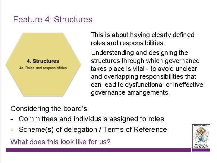 Feature 4: Structures This is about having clearly defined roles and responsibilities. Understanding and