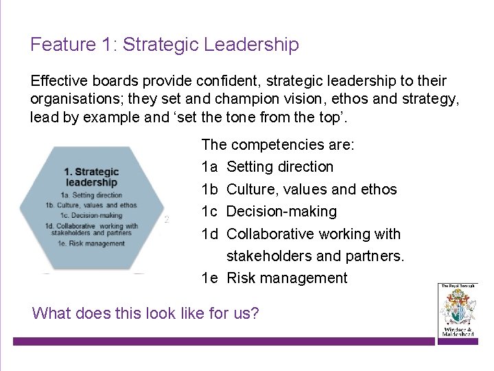 Feature 1: Strategic Leadership Effective boards provide confident, strategic leadership to their organisations; they