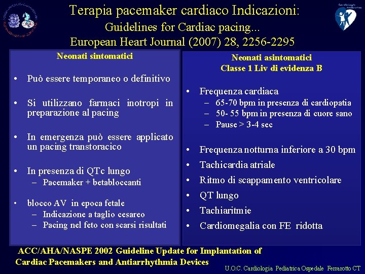 Terapia pacemaker cardiaco Indicazioni: Guidelines for Cardiac pacing. . . European Heart Journal (2007)