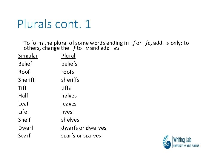 Plurals cont. 1 To form the plural of some words ending in –f or