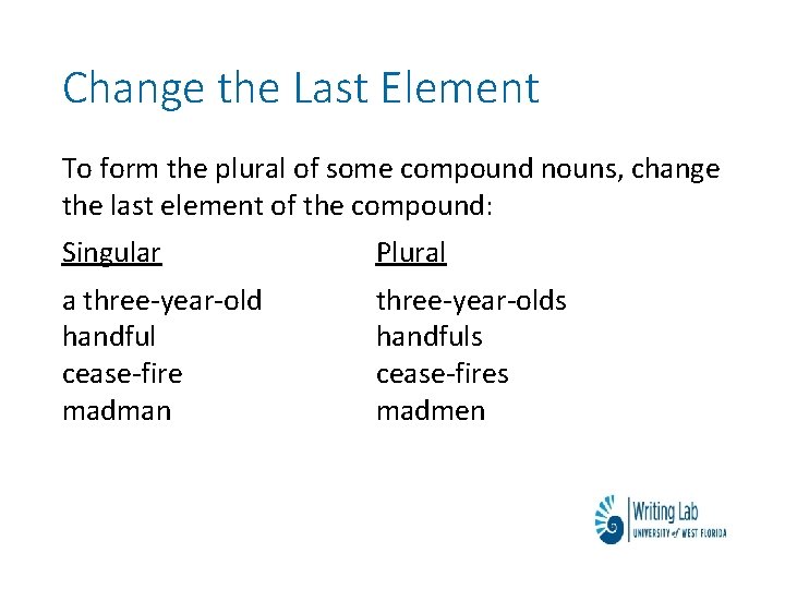 Change the Last Element To form the plural of some compound nouns, change the