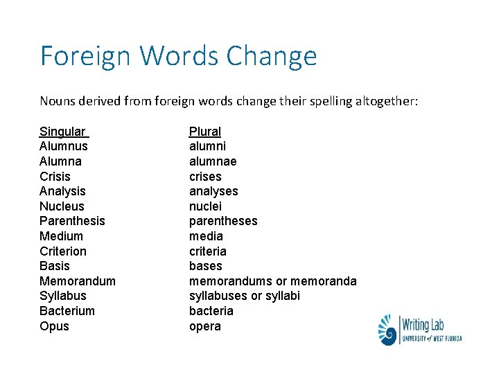Foreign Words Change Nouns derived from foreign words change their spelling altogether: Singular Alumnus