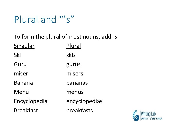 Plural and “’s” To form the plural of most nouns, add -s: Singular Plural