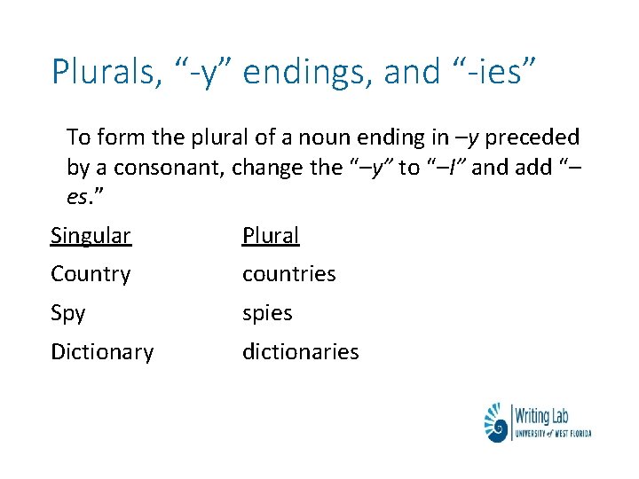 Plurals, “-y” endings, and “-ies” To form the plural of a noun ending in