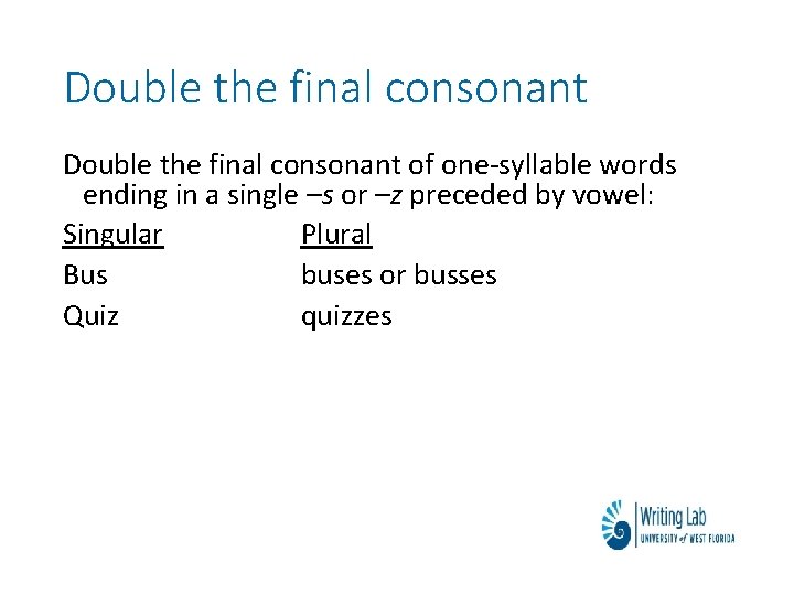 Double the final consonant of one-syllable words ending in a single –s or –z