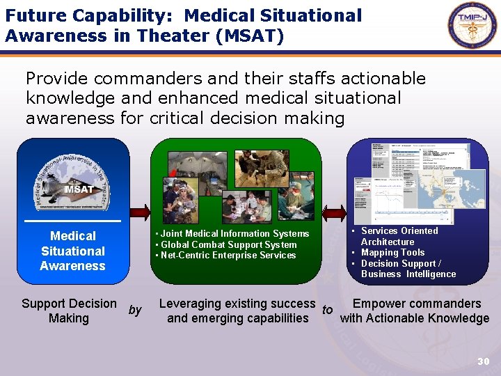 Future Capability: Medical Situational Awareness in Theater (MSAT) Provide commanders and their staffs actionable