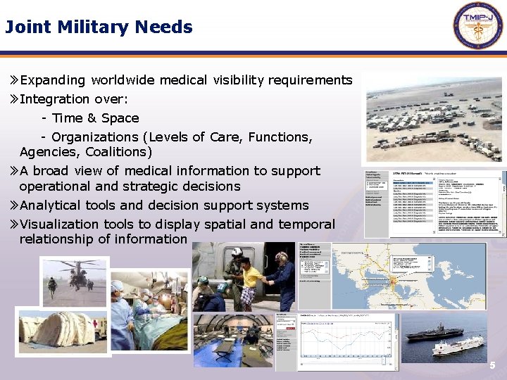 Joint Military Needs » Expanding worldwide medical visibility requirements » Integration over: - Time