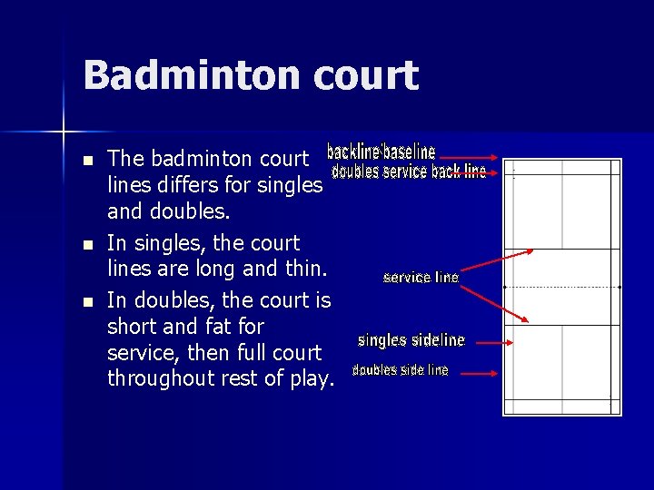 Badminton court n n n The badminton court lines differs for singles and doubles.