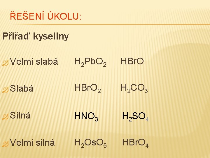 ŘEŠENÍ ÚKOLU: Přiřaď kyseliny H 2 Pb. O 2 HBr. O Slabá HBr. O