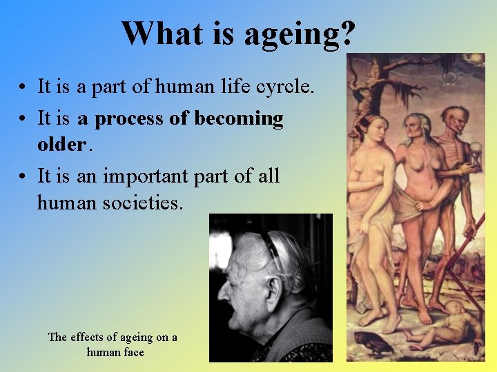 What is ageing? • It is a part of human life cyrcle. • It