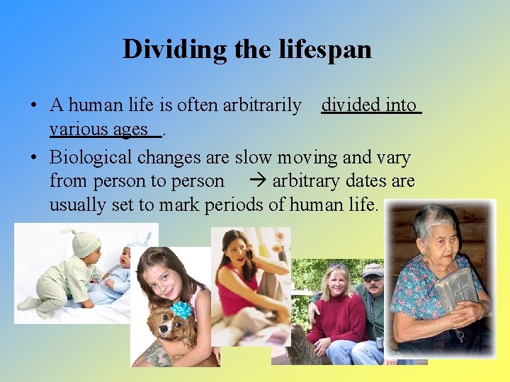 Dividing the lifespan • A human life is often arbitrarily divided into various ages.