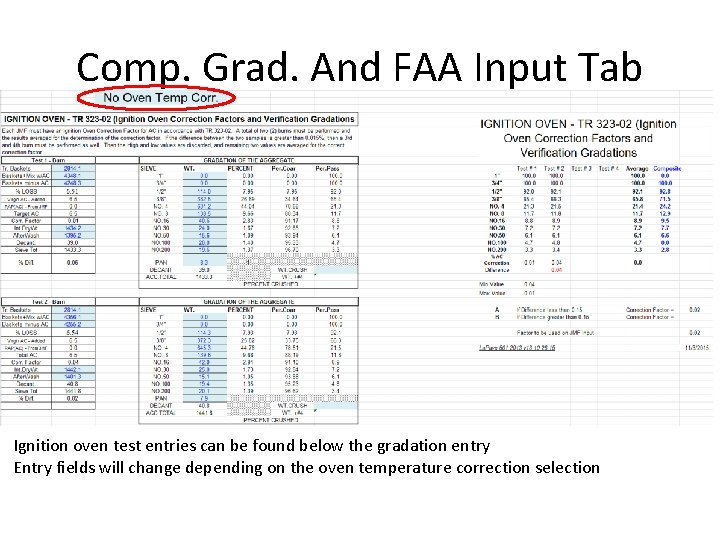 Comp. Grad. And FAA Input Tab Ignition oven test entries can be found below