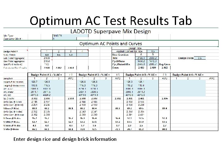 Optimum AC Test Results Tab Enter design rice and design brick information 