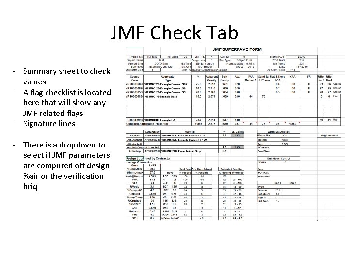 JMF Check Tab - Summary sheet to check values - A flag checklist is