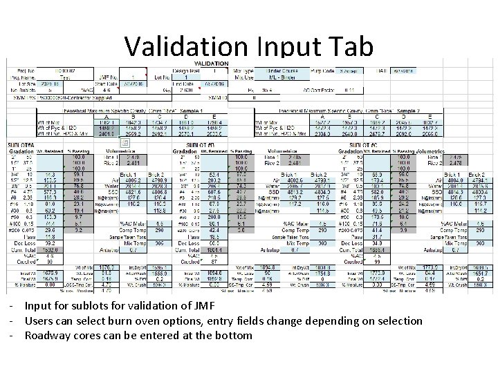 Validation Input Tab - Input for sublots for validation of JMF - Users can