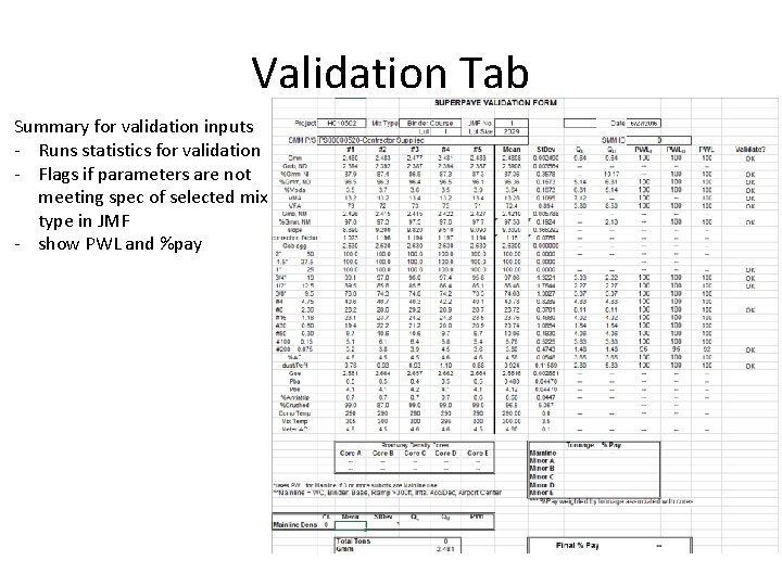 Validation Tab Summary for validation inputs - Runs statistics for validation - Flags if