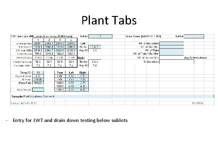 Plant Tabs - Entry for LWT and drain down testing below sublots 
