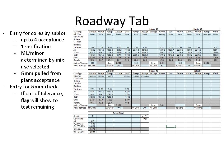 Roadway Tab - Entry for cores by sublot - up to 4 acceptance -