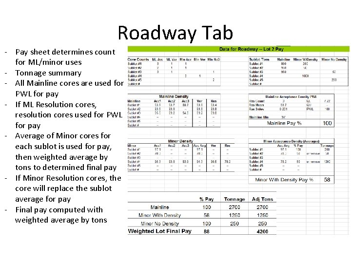 Roadway Tab - Pay sheet determines count for ML/minor uses - Tonnage summary -