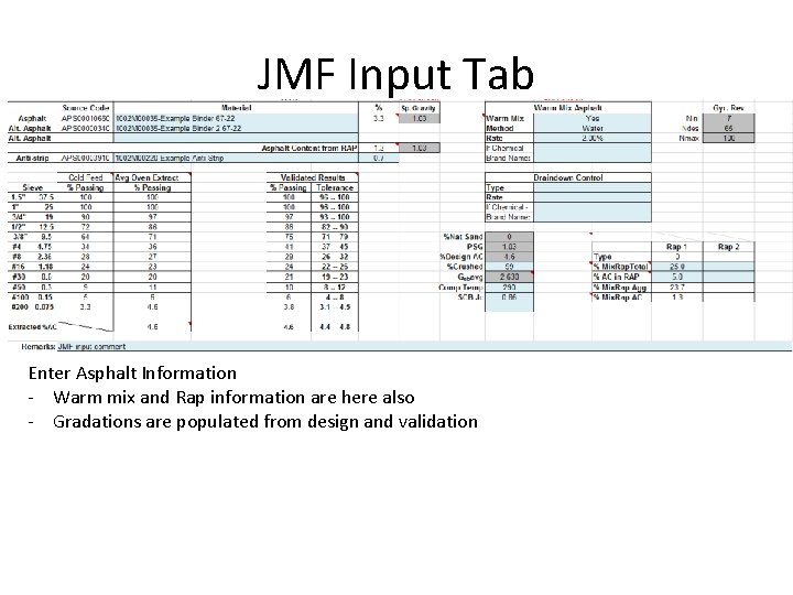 JMF Input Tab Enter Asphalt Information - Warm mix and Rap information are here