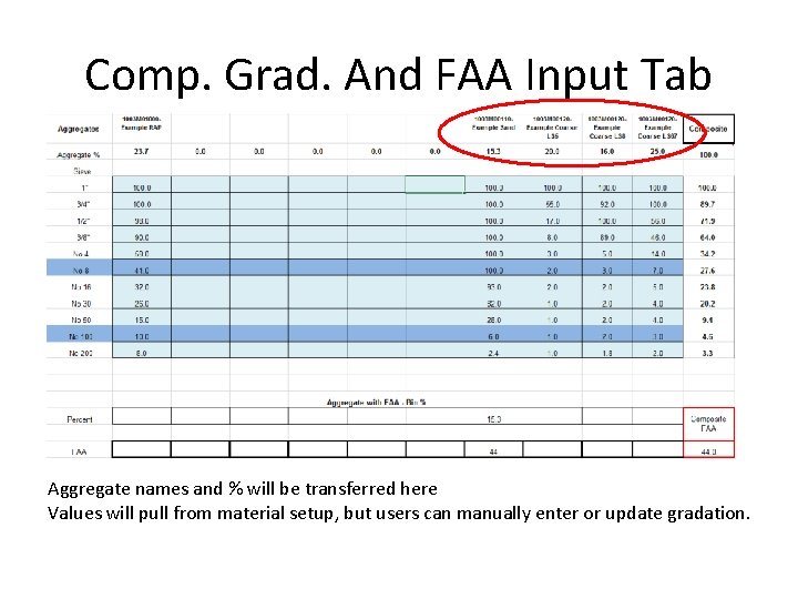 Comp. Grad. And FAA Input Tab Aggregate names and % will be transferred here